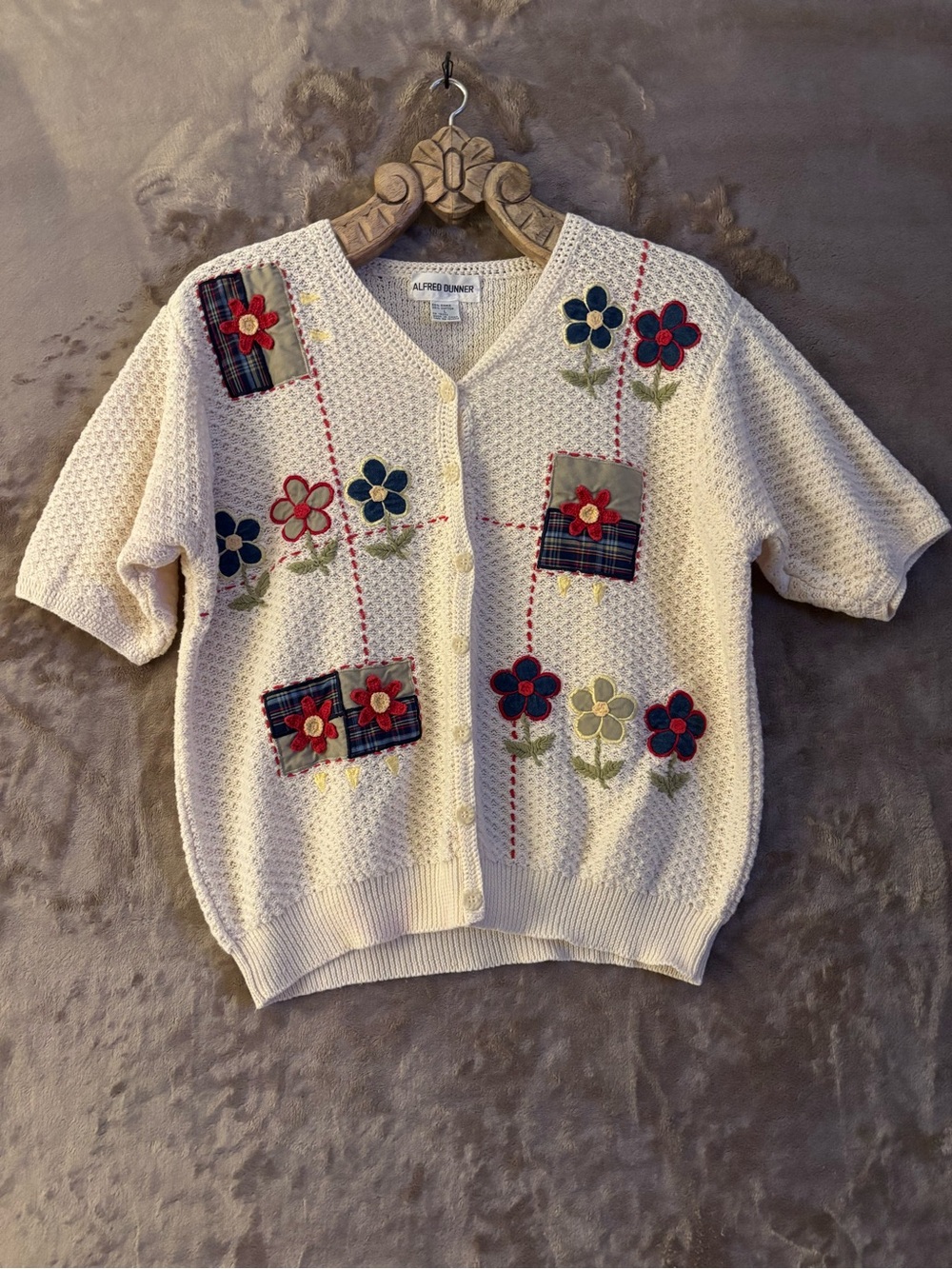 Vintage Alfred Dunner Cardigan Women’s Size L with Multicolor Floral Appliqués